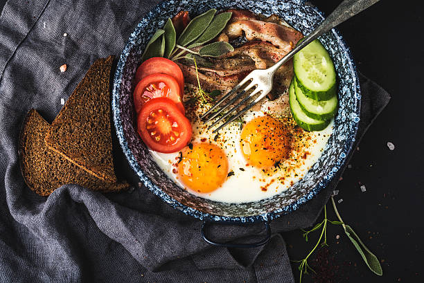 istock Breakfast set. Pan of fried eggs with bacon, fresh tomato 529672376