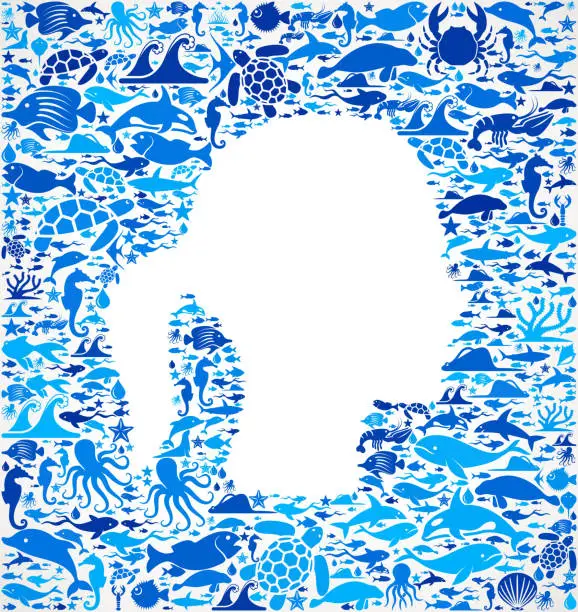 Vector illustration of Woman's head Ocean and Marine Life Blue Icon Pattern