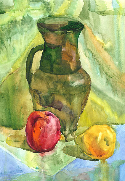 Still Life with apple, Jug and pear, Watercolor painting Still Life with Jug, apple and pear. Watercolor painting antique fruit bowl stock illustrations