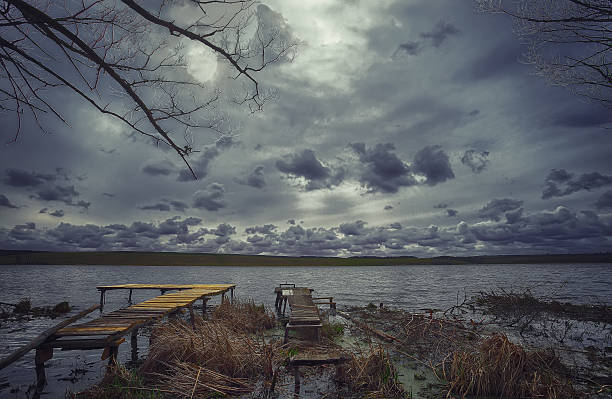 istock Old wooden pier with dry reed 529674228