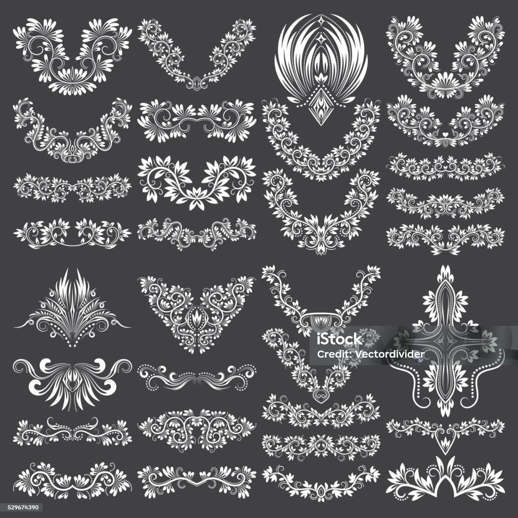 Big set of ornamental elements for design. Big set of ornamental elements for design. White floral decorations on black. Isolated tattoo patterns in vintage style. Border - Frame stock vector