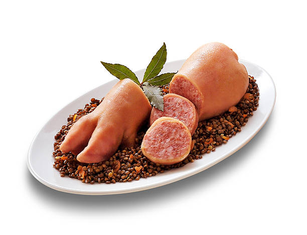 Zampone Stuffed pigs foot and lentils Stuffed pigs foot and lentils traditional Christmas dish hedgehog mushroom stock pictures, royalty-free photos & images
