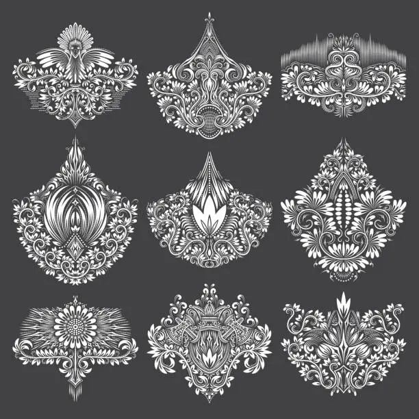Vector illustration of Set of ornamental elements for design. White floral decorations