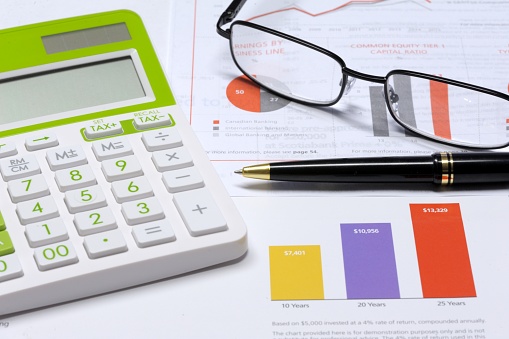 A color image depicting the concept of investing. A calculator black pen and eyeglasses are resting on financial statements.