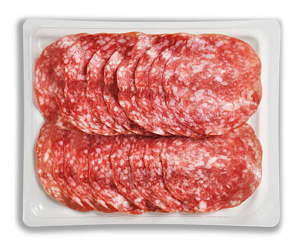 Tray Packaged of Presliced Salame Top View of Tray Packaged of Presliced Salame salami stock pictures, royalty-free photos & images