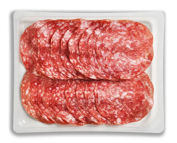 Top View of Tray Packaged of Presliced Salame