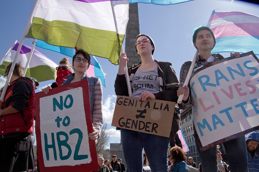 Asheville, North Carolina, USA - April 2, 2016:  People fly symbolic flags and hold signs protesting North Carolina's HB2 law that restricts the rights of those who are transgender