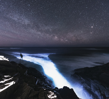 A shadow is projected into the Atlantic under the Milky Way.  Long exposure shot at high iso.