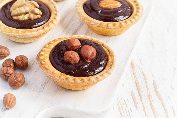 Nutty chocolate dessert small tarts closeup