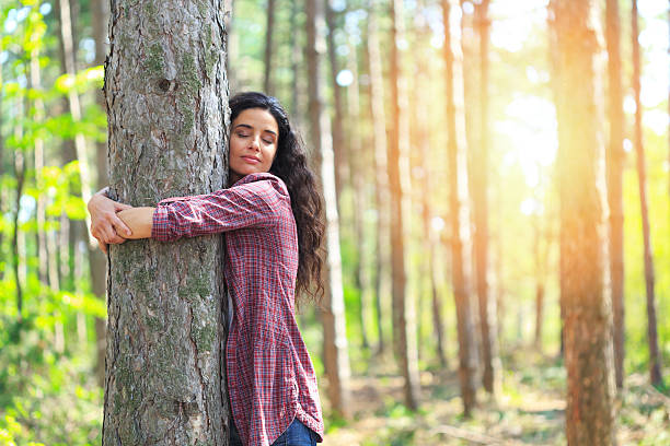 Young woman hugging tree in woodland Cheerful young woman hugging tree in the forest. Standing, eyes closed. Trees and sun on background. hugging tree stock pictures, royalty-free photos & images