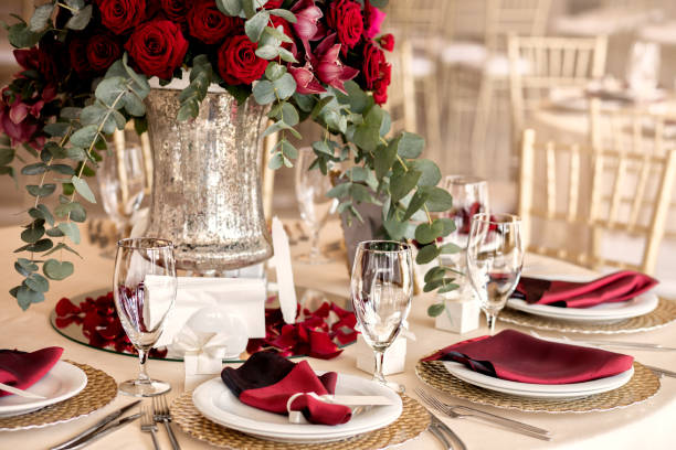 istock Beautiful flowers on table in wedding day. Luxury holiday background. 529681534