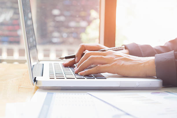 istock Business woman's hands typing on laptop keyboard 529686080