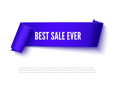 Black vector curved paper ribbon banner with rolls and inscription isolated on white. Realistic vector paper template for sale promo and advertising. Paper ribbon web banner