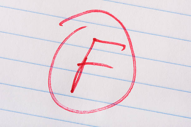 Failing grade "F" grade written in red pen on notebook paper. educational test results stock pictures, royalty-free photos & images