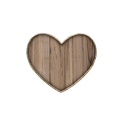 Wooden signboard in the form of heart on a white background