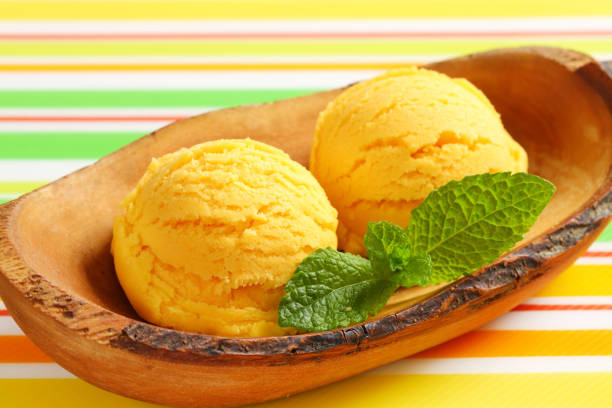 istock Ice cream served in natural wood bowl 529689119