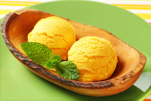istock Ice cream served in natural wood bowl 529689121