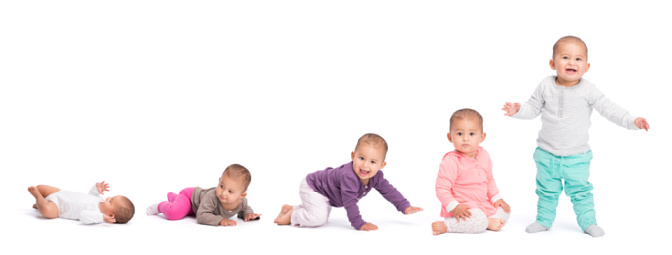 Baby development stages - baby laying,baby on stomach, crawling, sitting, and finally standing. Isolated on white background, cut out image with copy space.