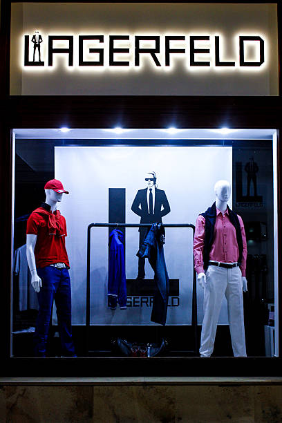 Karl Lagerfeld Store Karlovy Vary, Czech Republic - August 08, 2014:  Window Display of Karl Lagerfeld Store. Night time. No people. karl lagerfeld stock pictures, royalty-free photos & images