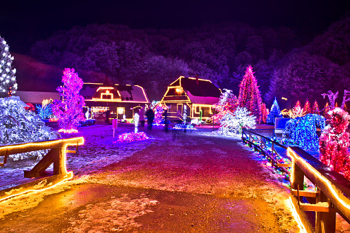 Village in colorful christmas lights
