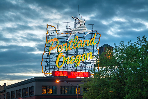 Portland, USA - May 6, 2014: Famous Old Town Portland, Oregon neon sign in the night.