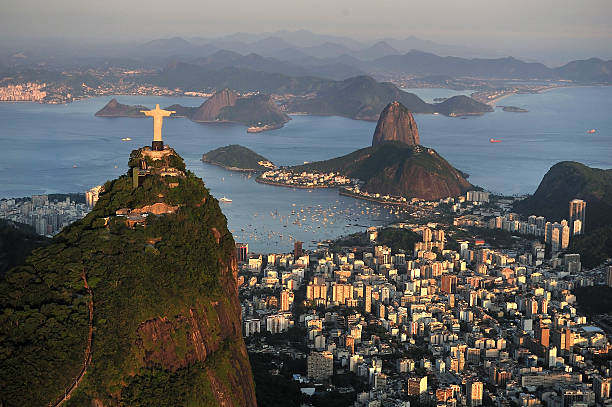 Aerial view of Christ, Sugarloaf, Rio de Janeiro, Brazil stock photo