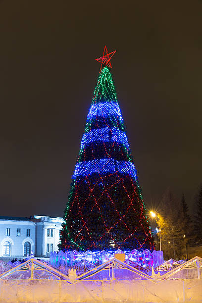 istock Large Christmas tree with star and garland 529695327