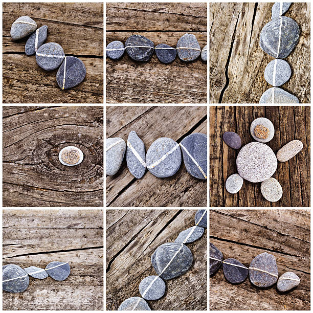 Collage of stones aligned on wood