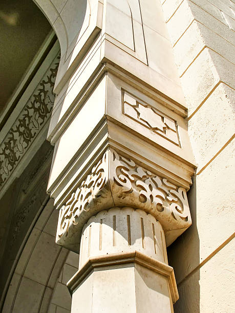 One of the columns at the exterior of the main entrance to the Jumeirah mosque in Dubai. Details of the arabic architecture.