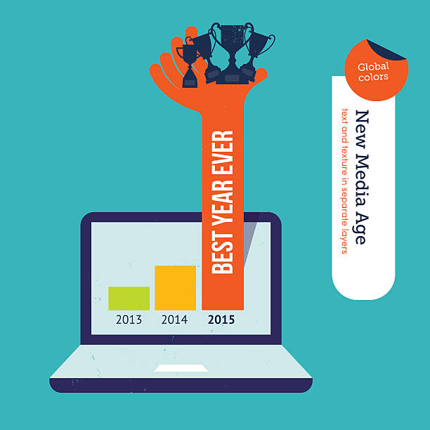 ręka wypływający z laptopa w 2015 r., z myśliwskich - computer graphic number achievement analyzing stock illustrations