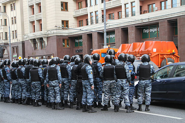 Russian police during the opposition rally Moscow, Russia - July 18, 2013. Russian police during the opposition rally. Thousands of Muscovites went on this day in support of arrested opposition leader Alexei Navalny riot police stock pictures, royalty-free photos & images