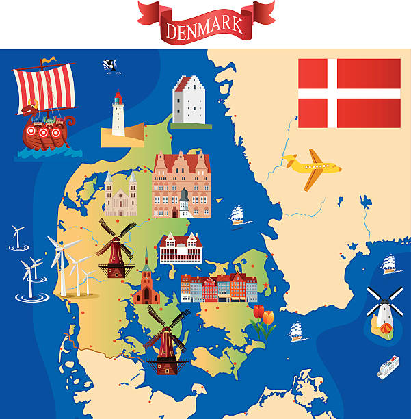 Cartoon map of Denmark Cartoon map of Denmark nyhavn stock illustrations