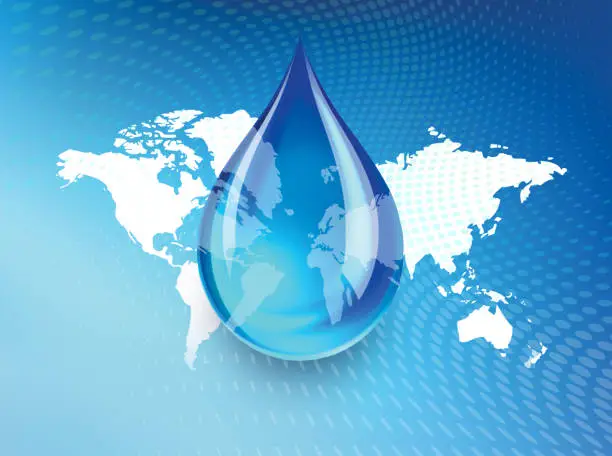Abstract concept indicating a world wide fresh water shortage with a droplet of water suspended over a global map with swirling dots background. 