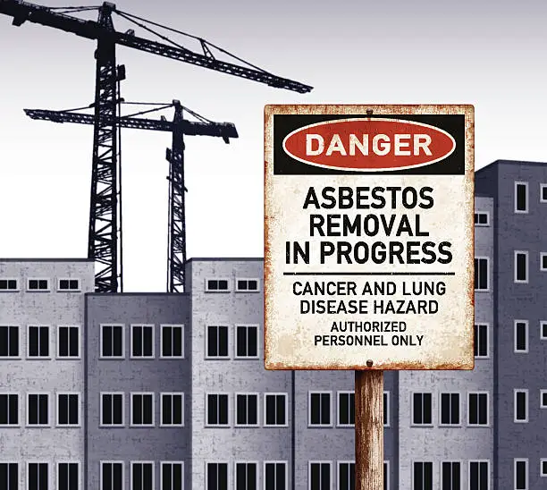 Vector illustration of urban landscape with empty buildings and danger asbestos placard