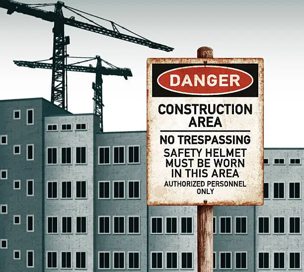 Vector illustration of urban landscape with empty buildings and danger construction area placard