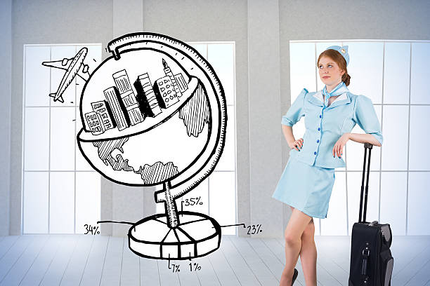 istock Composite image of pretty air hostess leaning on suitcase 529749401