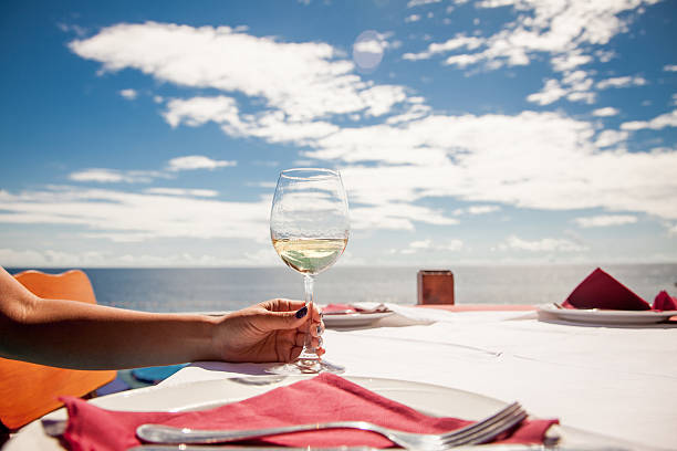 Vacation time.Glass of wine in the hand
