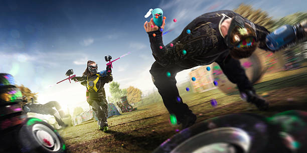 Paintball players are playing the game Paintball players are playing the final game  paintballing stock pictures, royalty-free photos & images