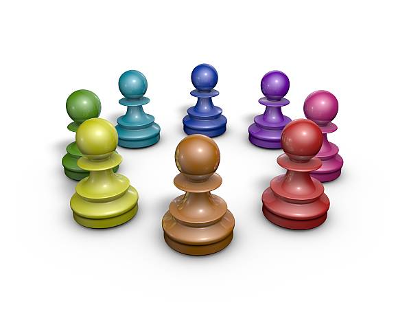 Working together in team abstract concept with colorful chess pawns, Illustration isolated on white background.