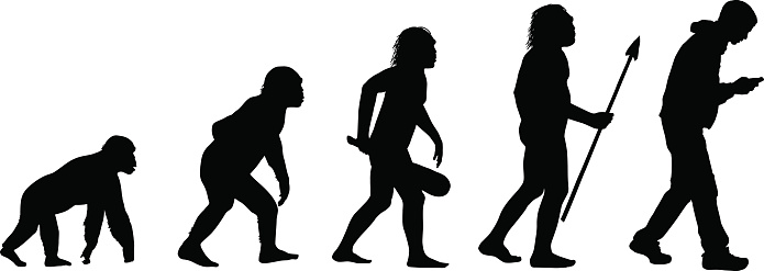 Evolution of a human man texting with a smart phone vector illustrations. From chimp to caveman to human.