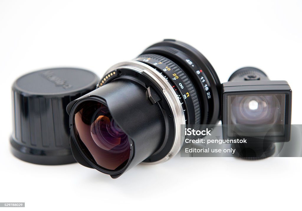 Mamiya  43mm f/4.5  medium format lens and viewfinder İstanbul,Turkey - September 03, 2010: Mamiya 7 N 43mm f/4.5 L medium format lens.Very sharper wide angle lens. 43mm is one of the world's most perfect lenses 1980 Stock Photo