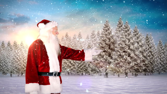 Santa standing beside snowy forest