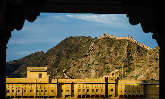 A framed view from the Amer Fort, also known as the Amber Fort, in Jaipur, India.