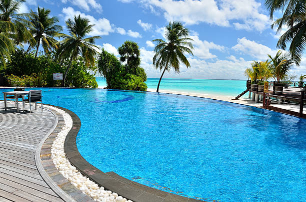 Tropical beach resort hotel cafe bar with swimming pool