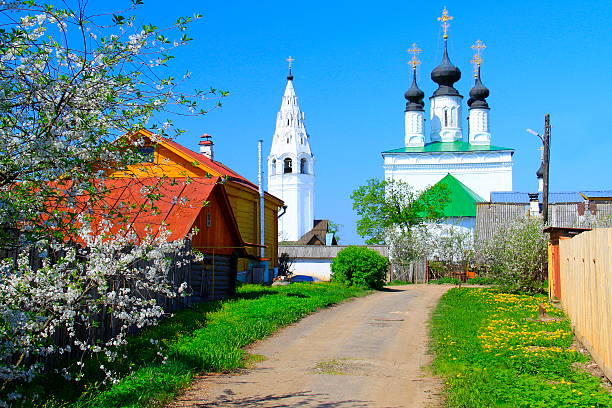 Abandoned Florus and Laurus orthodox church at Kibol village near Suzdal town. Night view of the flower meadows. Horizontal frame