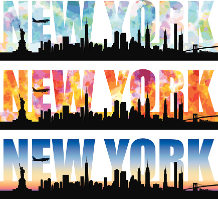Silhouettes of New York most famous landmarks with colorful sky forming the word. Editable vector illustration with elements as separate objects. Airplane can be (re)moved.