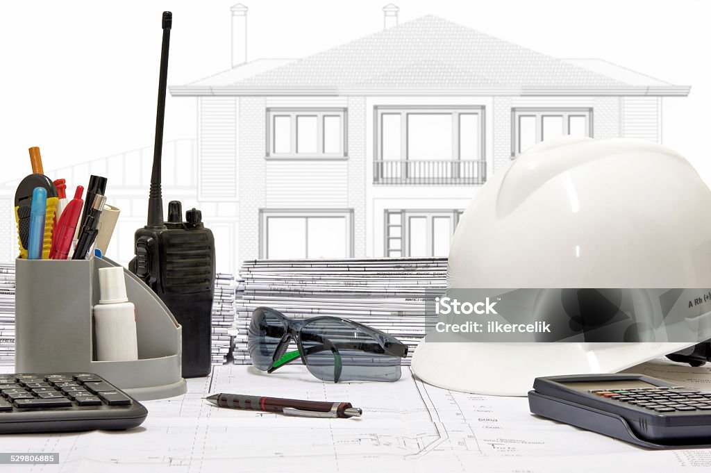 Engineer's Desk Basic instruments of a construction engineer on worktable Analyzing Stock Photo