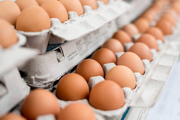 Brown Eggs Crates of eggs at farmers market. egg carton stock pictures, royalty-free photos & images