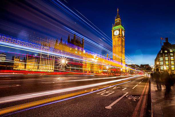 istock Big Ben Clock Tower in London light trails at twilight 529835485