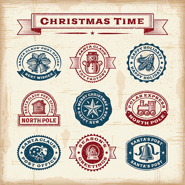 Vintage Christmas stamps set A set of vintage Christmas stamps in woodcut style. Fully editable EPS10 vector illustration. Includes high resolution JPG. church borders stock illustrations